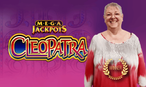 Charlene a PlayNow Casino winner stands next to the 'Mega Jackpots Cleopatra' slot game logo, portrayed with a winner's badge on a striking purple backdrop.