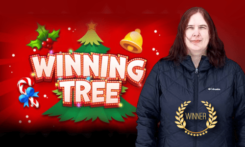 Crystal a PlayNow Casino winner is featured in a promotional image, smiling in a black jacket with a winner's badge, next to the 'Winning Tree' slot game logo with Christmas holiday motifs on a vibrant red background.