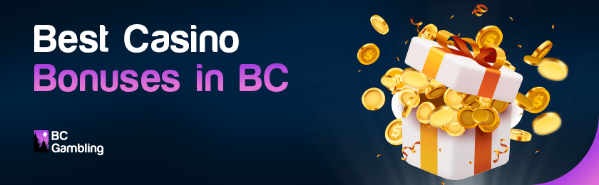 A gift box loaded with gold coins for the best online casino bonuses in BC