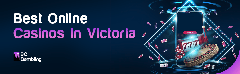 A futuristic image with a slot reel, gaming chips, dice and a mobile phone for the best online casinos in Victoria