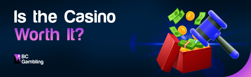A hammer reveals the gift box with a ton of cash and coins for checking the PlayNow casino