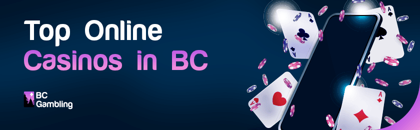 A mobile phone with casino chips and cards for the top online casinos in British Columbia
