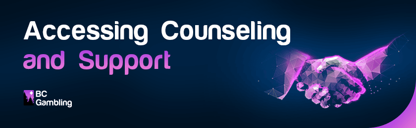 Two projected hands are handshaking for accessing counseling and support