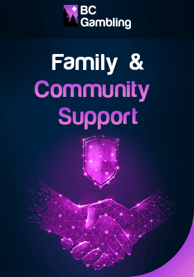 Two projected hands are handshaking with a shield logo for family and community support