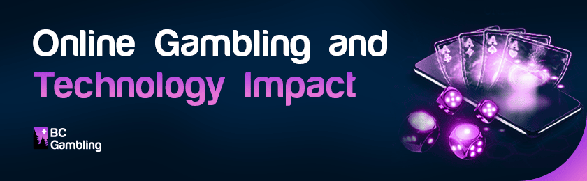 A few glowing cards on a mobile phone and some dice for online gambling and technology impact