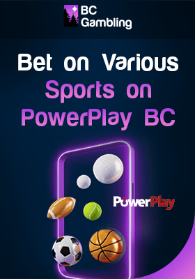 Different sports balls on a transparent mobile phone for bet on various sports on Power Play BC
