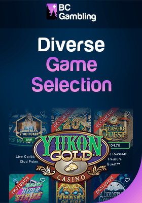Pictures of games and Yukon Gold casino logo for diverse game selection